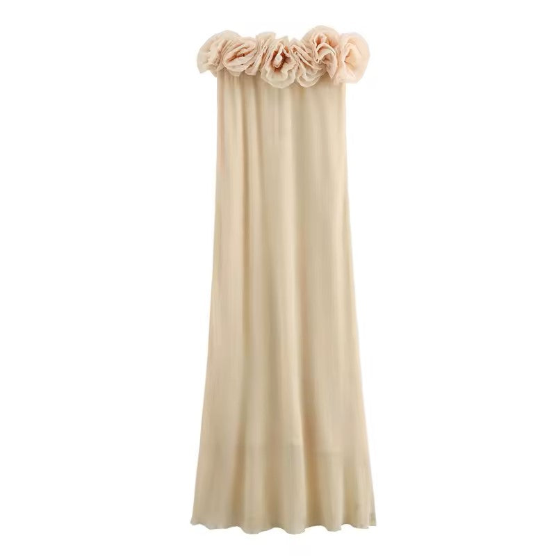 Meygan Beige Elegant Flower Patterned Knitted Midi Dress