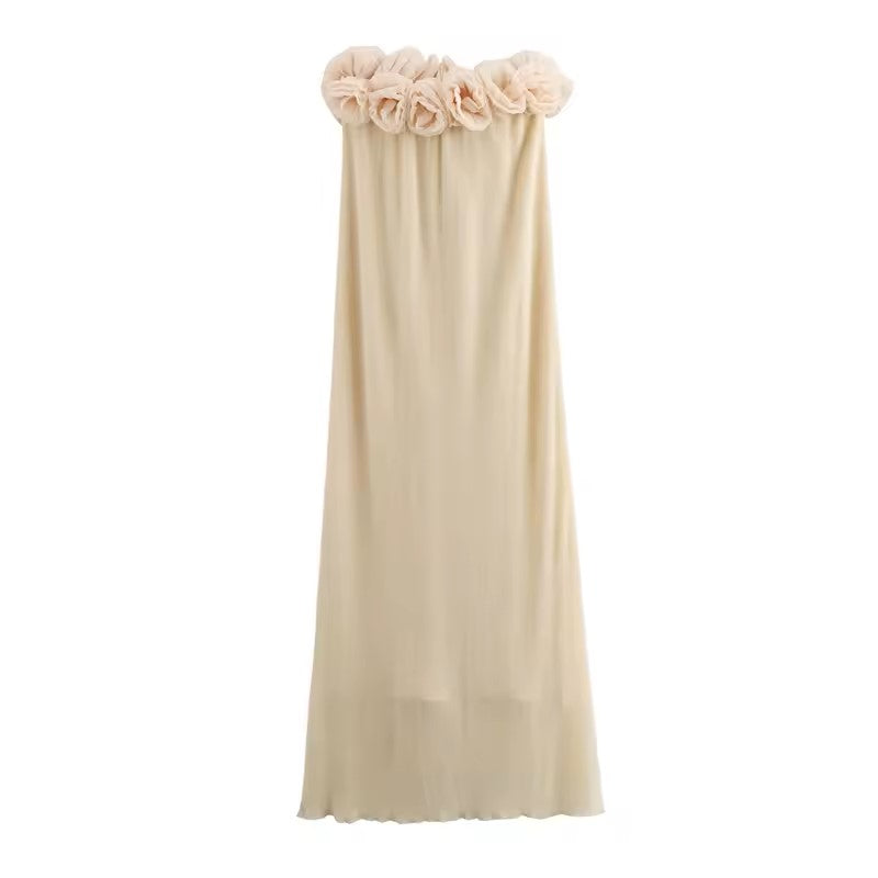 Meygan Beige Elegant Flower Patterned Knitted Midi Dress