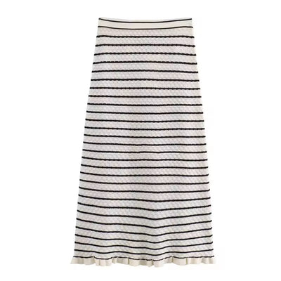 Saturn French Contrast Striped Front Pockets Midi Skirt