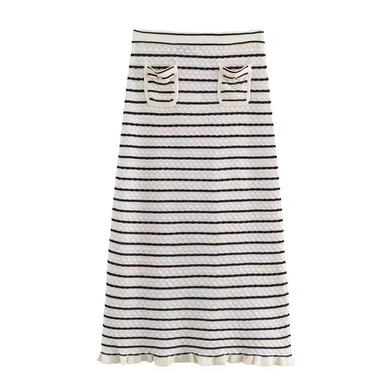 Saturn French Contrast Striped Front Pockets Midi Skirt