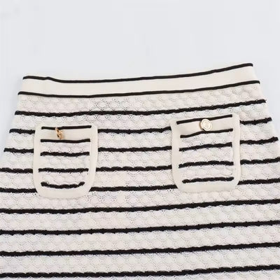 Saturn French Contrast Striped Front Pockets Midi Skirt