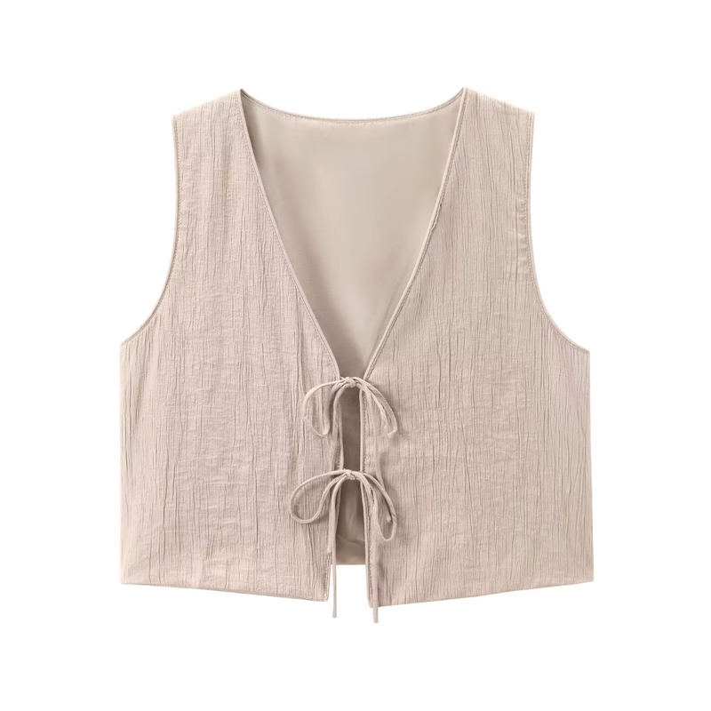 Valkyrie Beige Front Lace Up V-Neck Tank Top