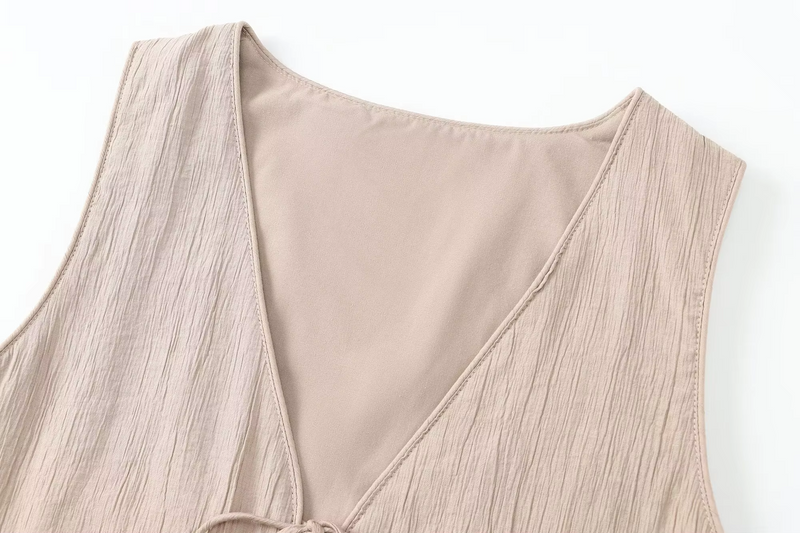 Valkyrie Beige Front Lace Up V-Neck Tank Top