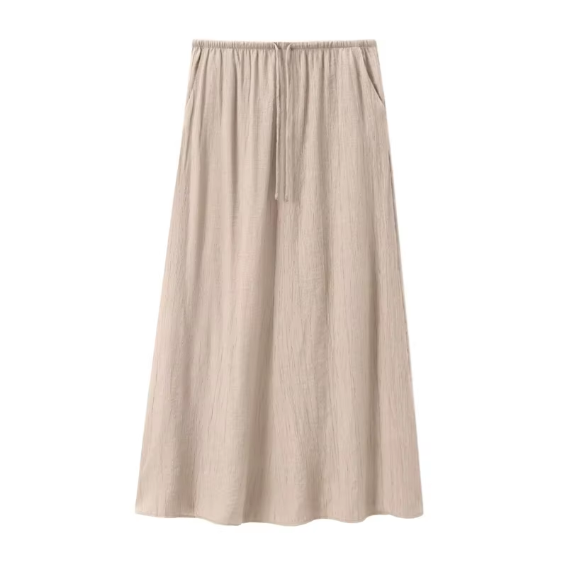 Vetiver Beige Drawstring Waist Midi Skirt