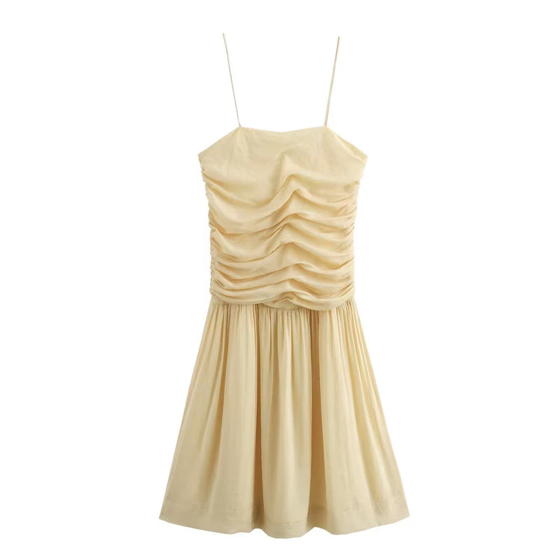 Nazha Beige Thin Strap Pleated Midi Dress