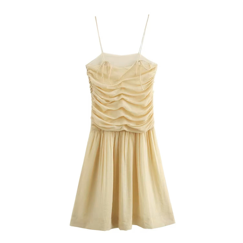 Nazha Beige Thin Strap Pleated Midi Dress