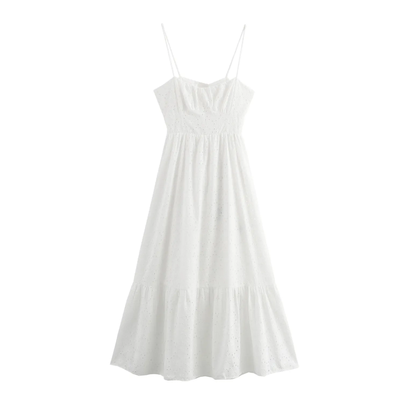 Mayumi White Spaghetti Strap Embroidery Eyelet Midi Dress