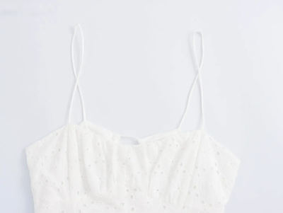 Mayumi White Spaghetti Strap Embroidery Eyelet Midi Dress