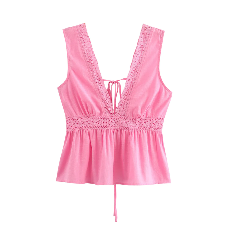 Caira Pink V Neck Sleeveless Backlace Up Tank Top