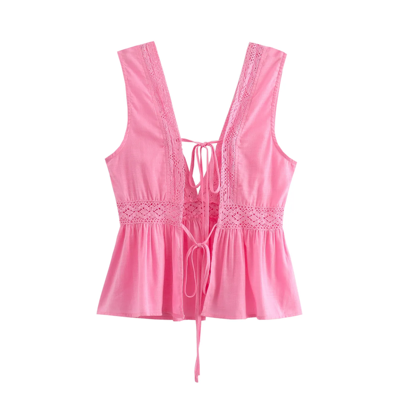 Caira Pink V Neck Sleeveless Backlace Up Tank Top