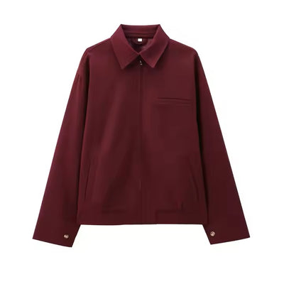 Draco Burgandy Red Turn Down Collar Zipper Jacket