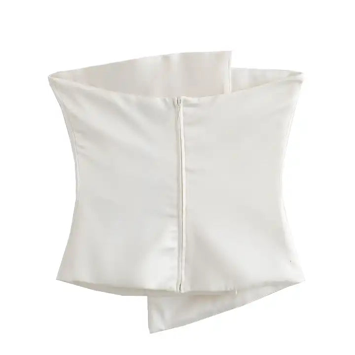 Suchie Cream Overlap Asymmetrical Front Design Back Zipper Tube Top