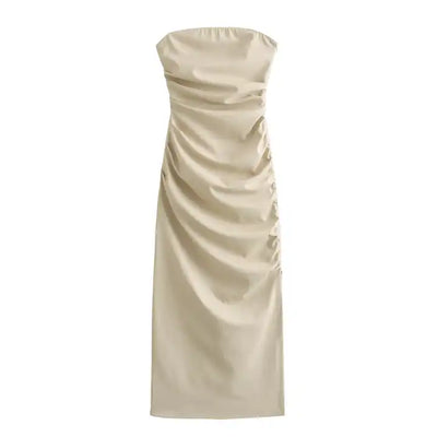 Erian Beige Leather Pleated Sides with Zipper Tube Midi Dress