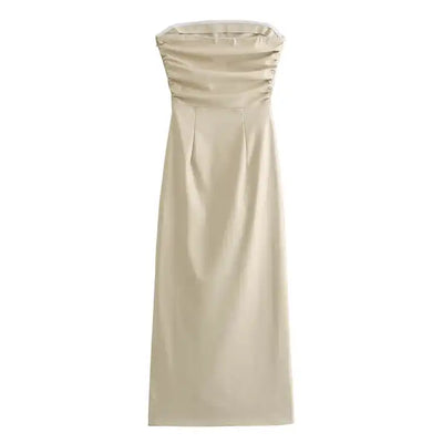 Erian Beige Leather Pleated Sides with Zipper Tube Midi Dress