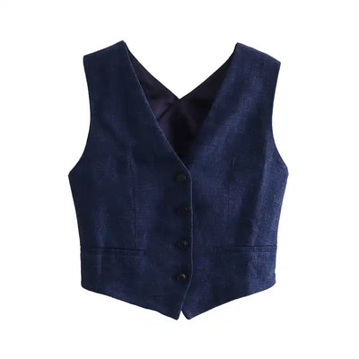 Kara Navy Blue V Neck Buttons Up Criss Cross Sexy Back Waistcoat Vest Top