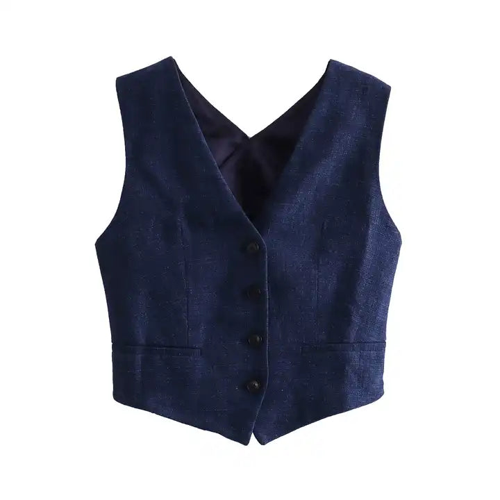 Kara Navy Blue V Neck Buttons Up Criss Cross Sexy Back Waistcoat Vest Top