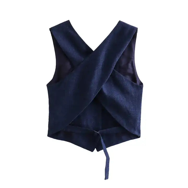 Kara Navy Blue V Neck Buttons Up Criss Cross Sexy Back Waistcoat Vest Top