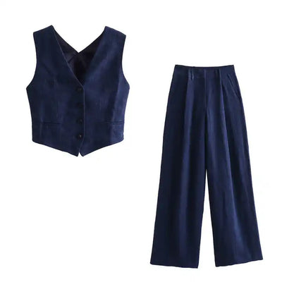 Kara Navy Blue V Neck Buttons Up Criss Cross Sexy Back Waistcoat Vest Top