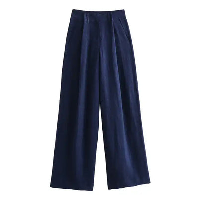 Kira Navy Blue Zipper Fly Pleated Wide Leg Trouser with Side Pockets