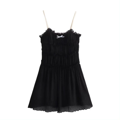 Zandra Black Smocked Pleated Mini Dress