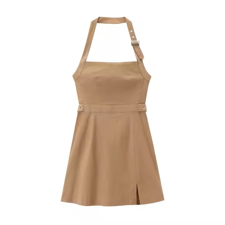 Molly Khaki Front Slit Belted Strap Halter Mini Dress