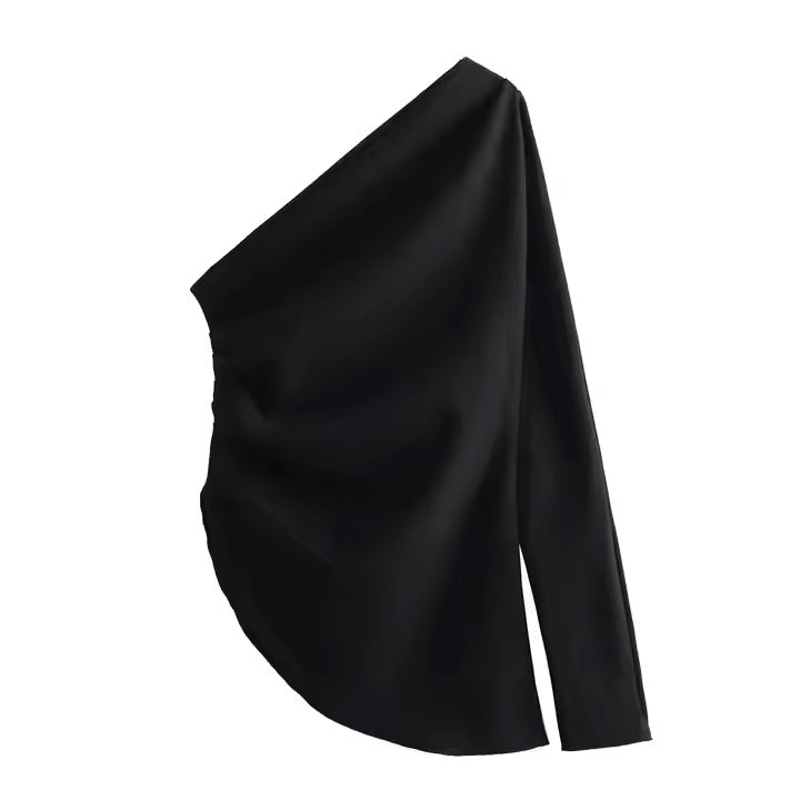 Journee Black Asymmetrical Long Sleeve Side Pleated Top