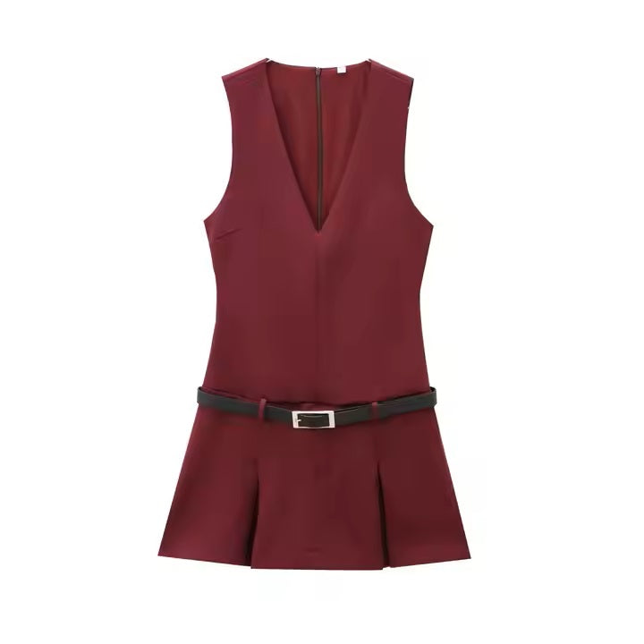 Sansa Wine Red  V-Neck Belted Pleated Mini Dress