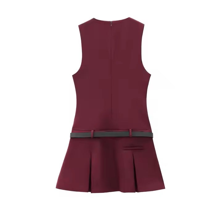 Sansa Wine Red  V-Neck Belted Pleated Mini Dress