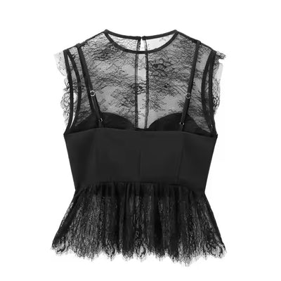 Thaya Black Floral Lace Crew Neck Tank Top