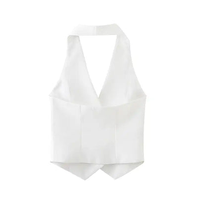 Calli White Halter with Flower Detail Hallow Out Back Sleeveless Casual Vest Top