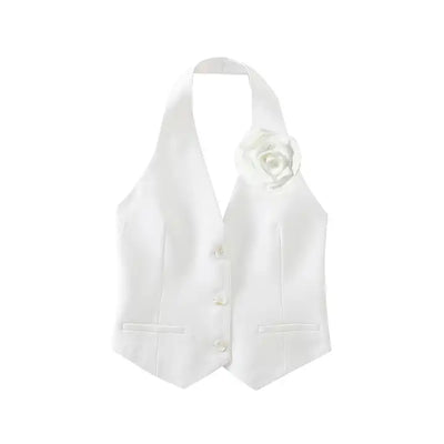 Calli White Halter with Flower Detail Hallow Out Back Sleeveless Casual Vest Top