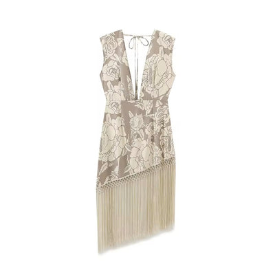 Coachella Nude Floral Print Bottom Tassel Mini Dress