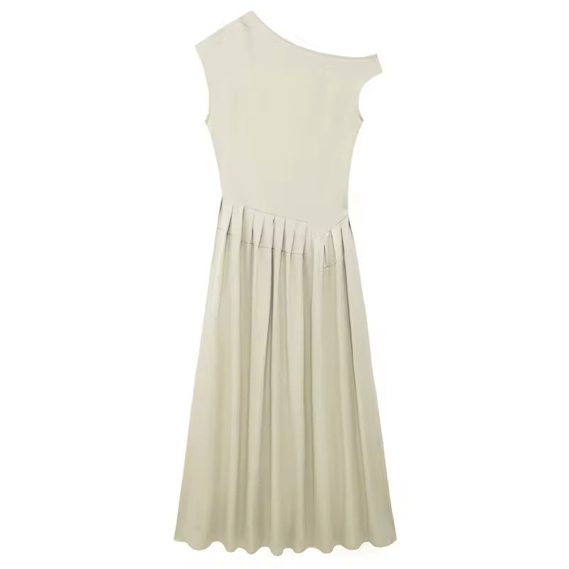 Zuria Pastel Green Pleated Asymmetric Collar Midi Dress