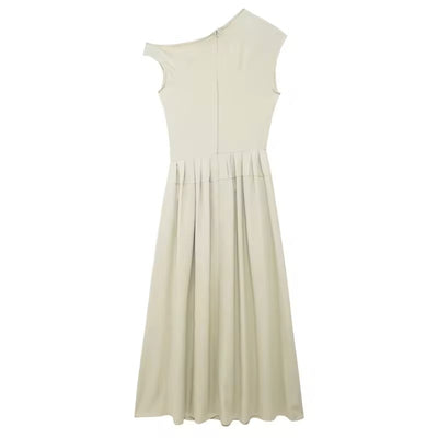 Zuria Pastel Green Pleated Asymmetric Collar Midi Dress