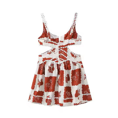 Twixx Red White Floral Print Deep V Collar Side Hollow Out Mini Dress