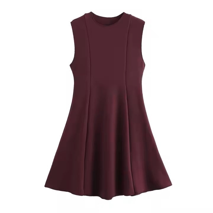 Verlee Plum Crew Neck A-Line Pleated Mini Dress