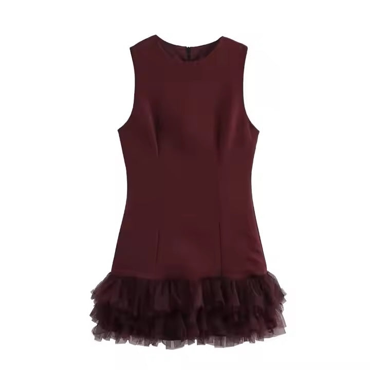 Fenthy Wine Red Crew Neck Bottom Mesh Ruffles Mini Dress