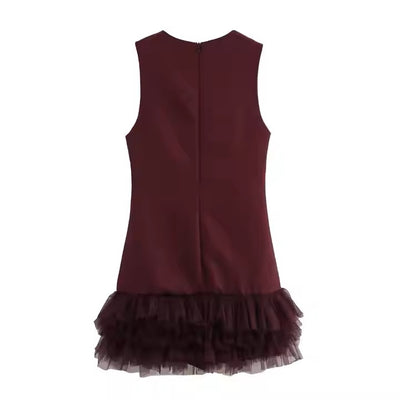 Fenthy Wine Red Crew Neck Bottom Mesh Ruffles Mini Dress