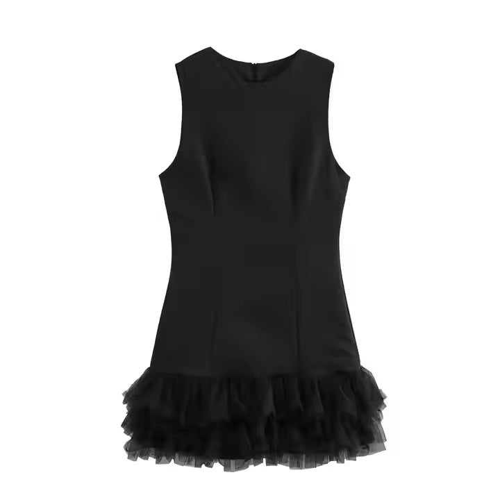 Fenthy Black Crew Neck Bottom Mesh Ruffles Mini Dress