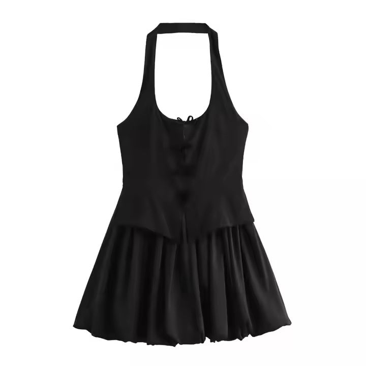 Maddy Black Halter Neck Puffy Mini Dress