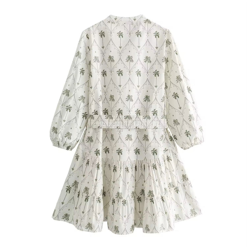 Maryam White Printed Palm Tree Long Sleeve Sashes Mini Dress