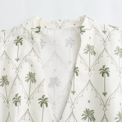 Maryam White Printed Palm Tree Long Sleeve Sashes Mini Dress