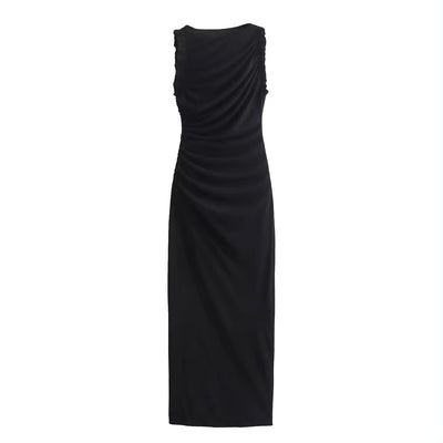 Corrine Black Crew Neck Pleated Sleeveless Back slit Midi Dress