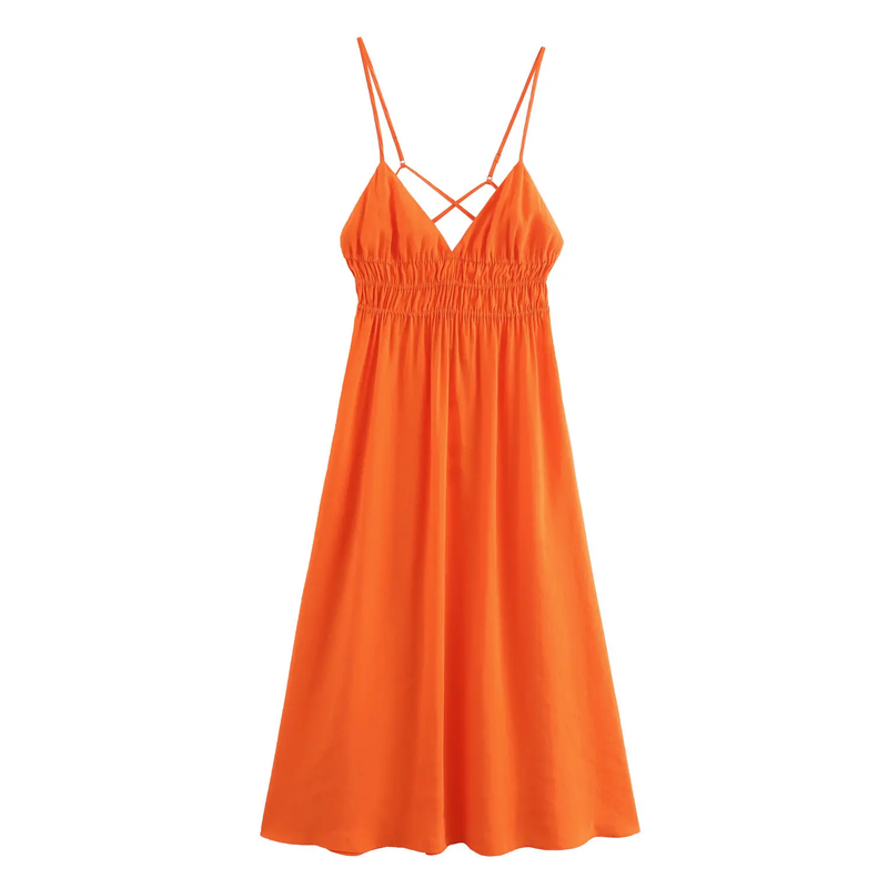 Yankee Sunkiss Orange V-Neck Back Hollow Out Midi Dress