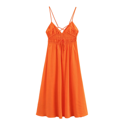 Yankee Sunkiss Orange V-Neck Back Hollow Out Midi Dress