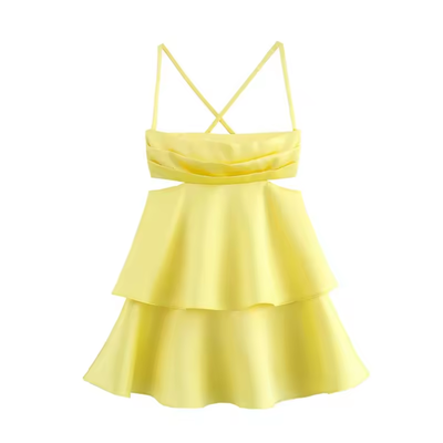 Shianna Pastel Yellow Back Hollow Out Mini Layered Dress