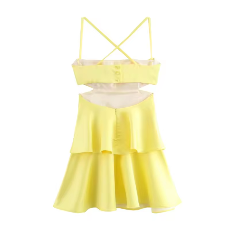 Shianna Pastel Yellow Back Hollow Out Mini Layered Dress