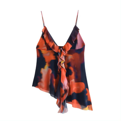 Prudence Multi Color Abstract Printed Asymmetric Ruffle Cami Top