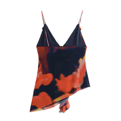 Prudence Multi Color Abstract Printed Asymmetric Ruffle Cami Top