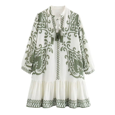 Rabanne White Floral Print Front Lace up Tassel Crew Neck Long Sleeve Midi Dress